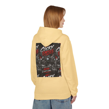 Cocky Diesel Graphic Hoodie — Retro Truck Streetwear with “Good I Won’t Care” Slogan