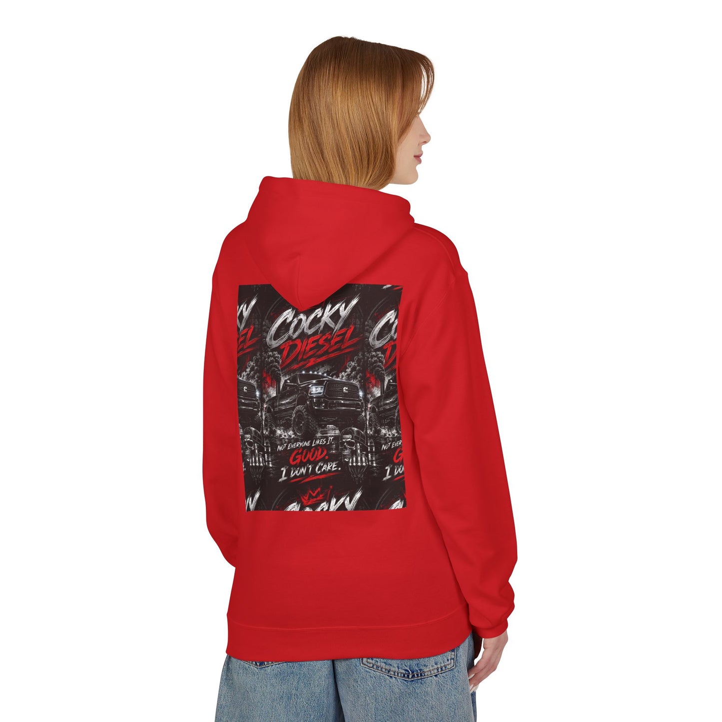 Cocky Diesel Graphic Hoodie — Retro Truck Streetwear with “Good I Won’t Care” Slogan