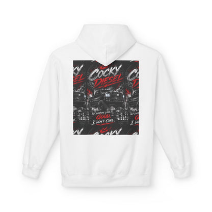 Cocky Diesel Graphic Hoodie — Retro Truck Streetwear with “Good I Won’t Care” Slogan