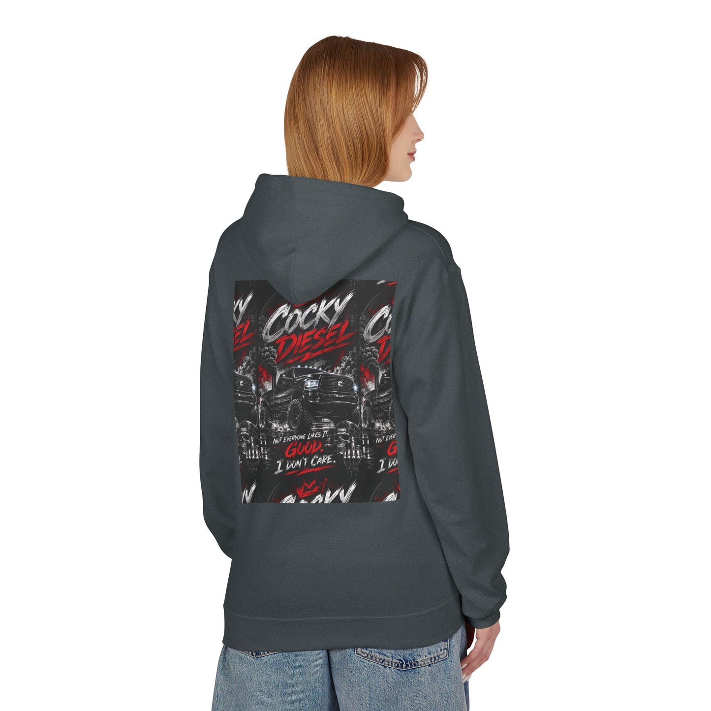 Cocky Diesel Graphic Hoodie — Retro Truck Streetwear with “Good I Won’t Care” Slogan