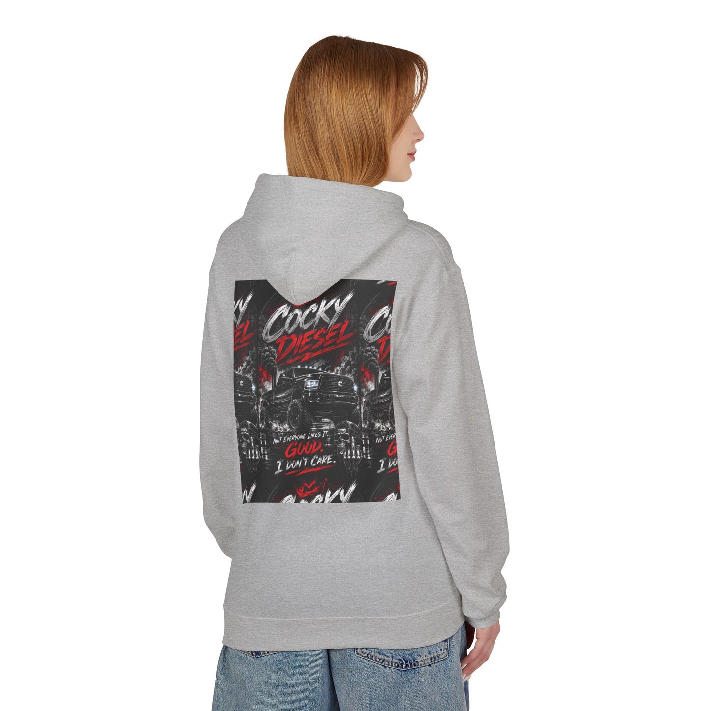 Cocky Diesel Graphic Hoodie — Retro Truck Streetwear with “Good I Won’t Care” Slogan