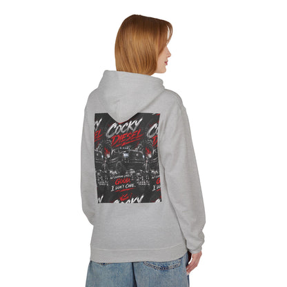 Cocky Diesel Graphic Hoodie — Retro Truck Streetwear with “Good I Won’t Care” Slogan