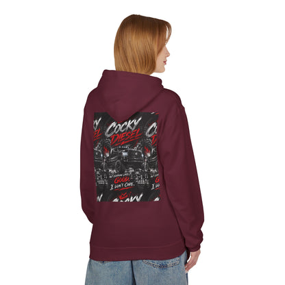 Cocky Diesel Graphic Hoodie — Retro Truck Streetwear with “Good I Won’t Care” Slogan
