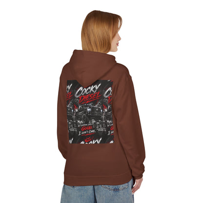 Cocky Diesel Graphic Hoodie — Retro Truck Streetwear with “Good I Won’t Care” Slogan