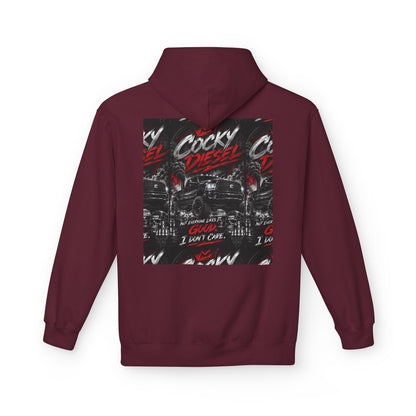 Cocky Diesel Graphic Hoodie — Retro Truck Streetwear with “Good I Won’t Care” Slogan