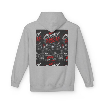 Cocky Diesel Graphic Hoodie — Retro Truck Streetwear with “Good I Won’t Care” Slogan