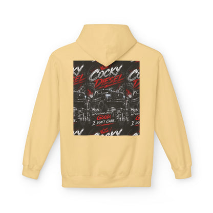 Cocky Diesel Graphic Hoodie — Retro Truck Streetwear with “Good I Won’t Care” Slogan