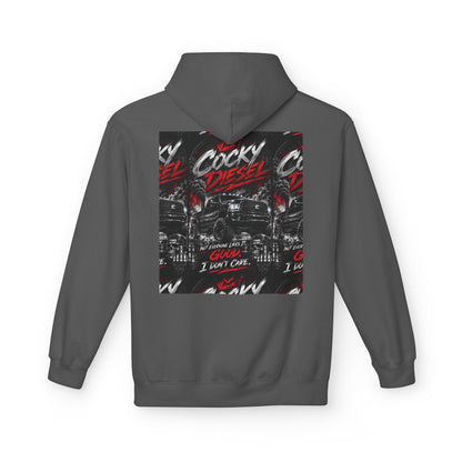 Cocky Diesel Graphic Hoodie — Retro Truck Streetwear with “Good I Won’t Care” Slogan