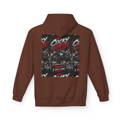 Cocky Diesel Graphic Hoodie — Retro Truck Streetwear with “Good I Won’t Care” Slogan