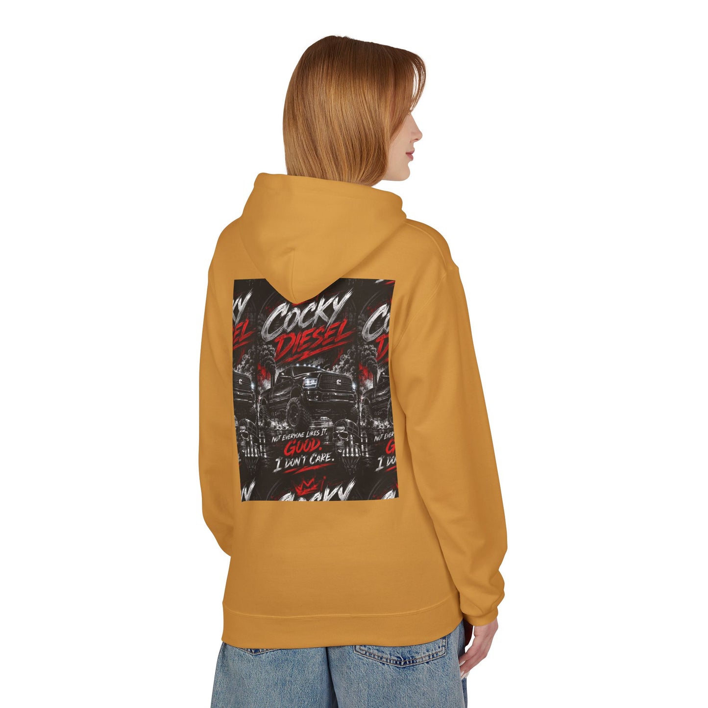 Cocky Diesel Graphic Hoodie — Retro Truck Streetwear with “Good I Won’t Care” Slogan