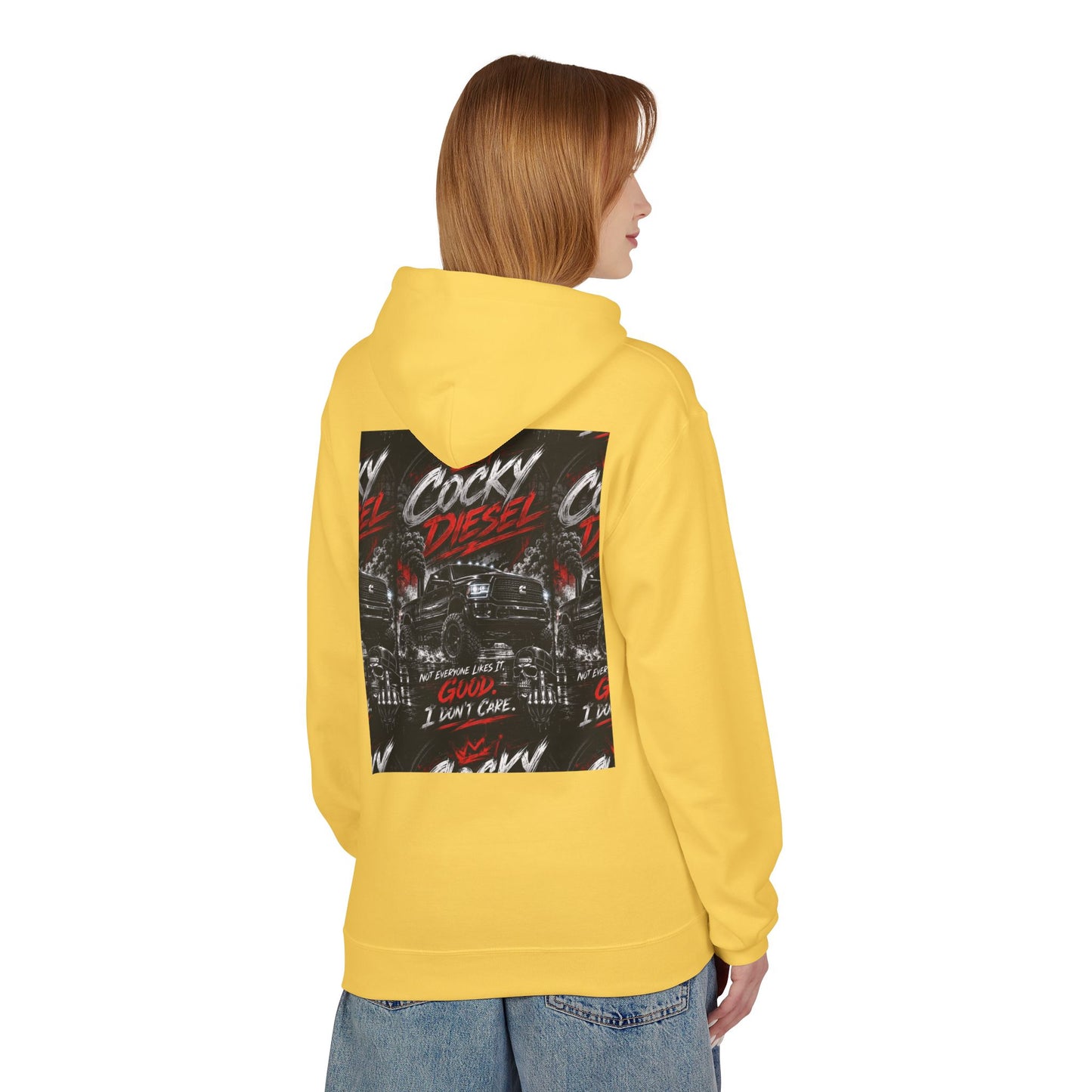 Cocky Diesel Graphic Hoodie — Retro Truck Streetwear with “Good I Won’t Care” Slogan