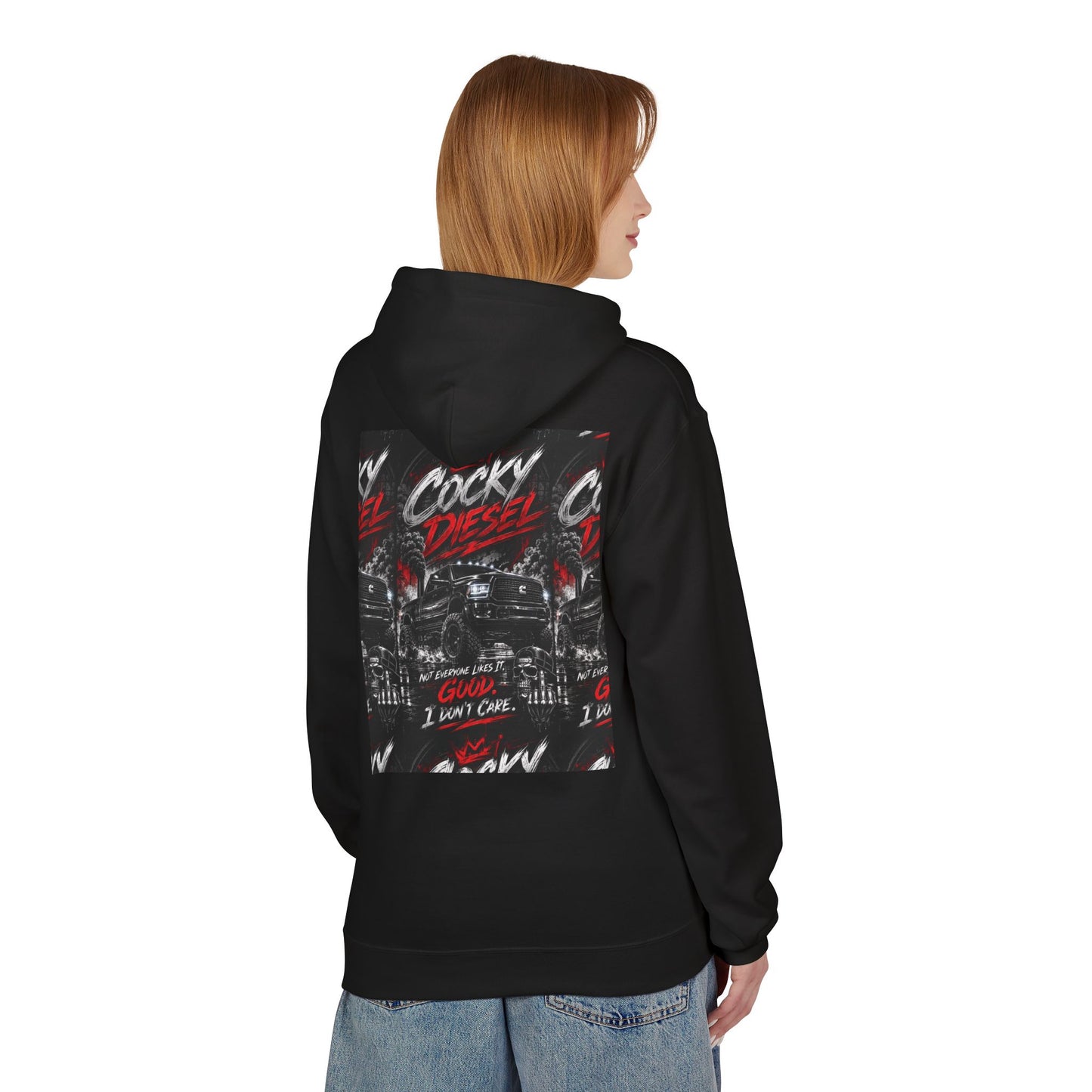 Cocky Diesel Graphic Hoodie — Retro Truck Streetwear with “Good I Won’t Care” Slogan