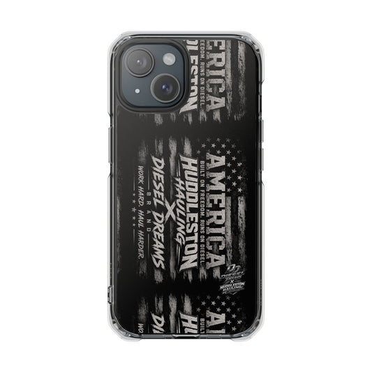 Patriotic Black Graphic Magnetic Clear Phone Case — "America Huddleston" Diesel Dreams Design