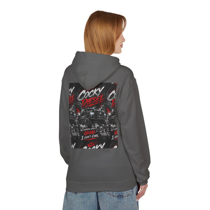 Cocky Diesel Graphic Hoodie — Retro Truck Streetwear with “Good I Won’t Care” Slogan