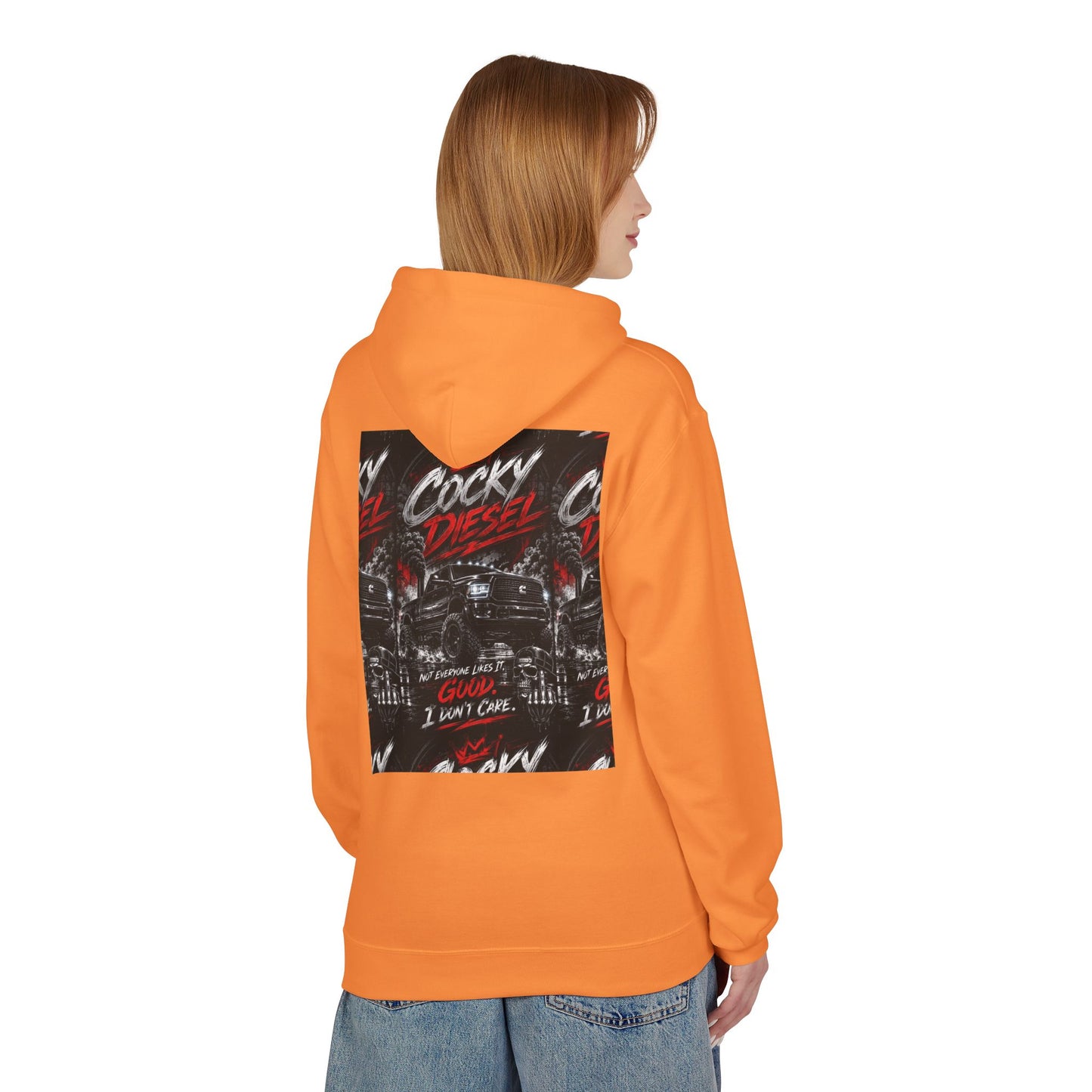 Cocky Diesel Graphic Hoodie — Retro Truck Streetwear with “Good I Won’t Care” Slogan