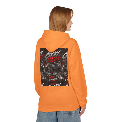 Cocky Diesel Graphic Hoodie — Retro Truck Streetwear with “Good I Won’t Care” Slogan
