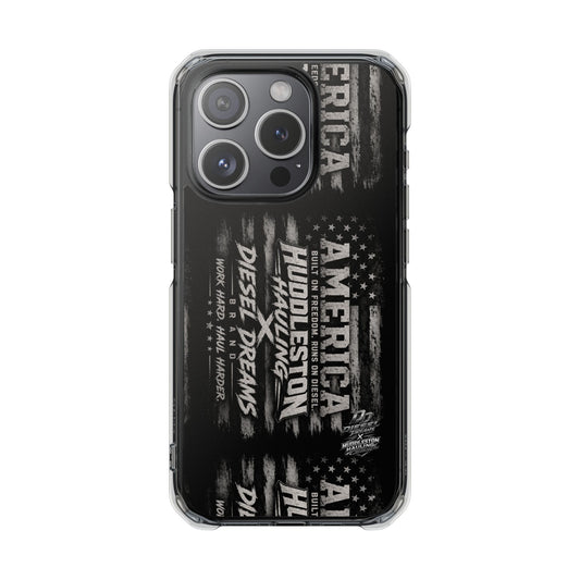 Patriotic Black Graphic Magnetic Clear Phone Case — "America Huddleston" Diesel Dreams Design