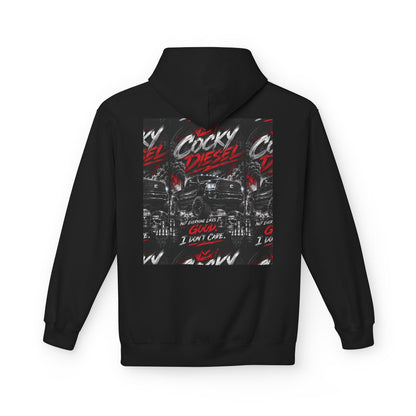 Cocky Diesel Graphic Hoodie — Retro Truck Streetwear with “Good I Won’t Care” Slogan